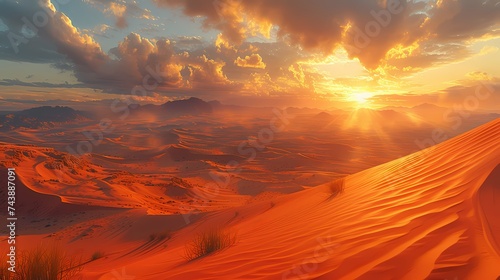 A sprawling desert landscape with towering sand dunes stretching as far as the eye can see, bathed in the golden light of the setting sun
