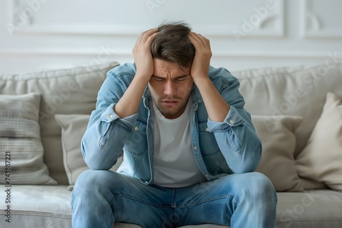 Young man sitting on a couch holding his head