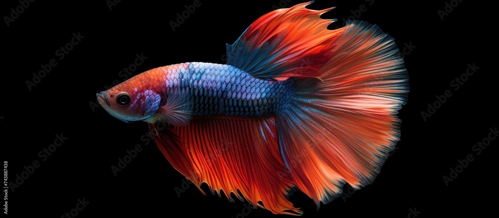 A vibrant red and blue betta fish with spread tail feathers stands out against a black background. A vibrant red and blue betta fish with spread tail feathers stands out against a black background.
