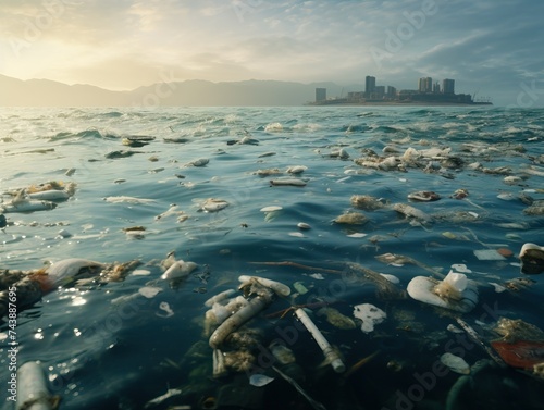 Ocean pollution: garbage waste floating on the surface of the sea