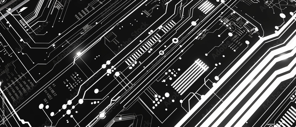 Close-Up View of a Black and White Printed Circuit Board Pattern backdrop Close-Up View of a Black and White Printed Circuit Board Pattern backdrop