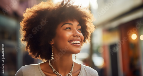 Radiant young woman enjoying a sunny urban day photo