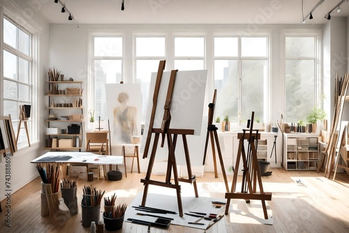 A minimalist artist's studio with large north-facing windows, an easel, and organized art supplies