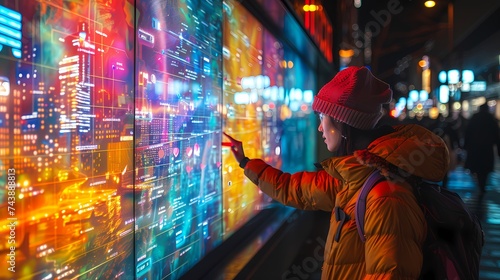 A street artist using a digital graffiti wall, equipped with touch-sensitive screens and various digital spray cans, to create vibrant and interactive street art
