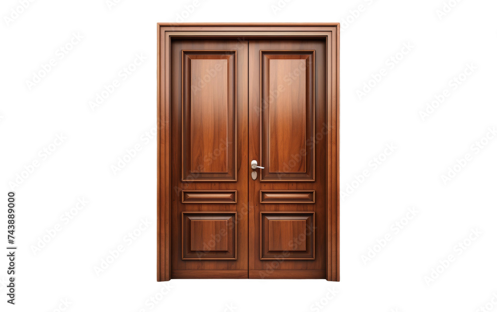 Pair of Wooden Doors. A pair of wooden doors, featuring a traditional design with intricate carvings and brass doorknobs, are positioned. On PNG Transparent Clear Background.