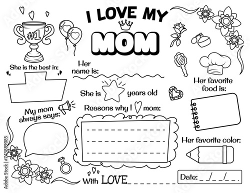 I love my Mom. Personalized greetings for Mother's Day or International Women's Day. Kids printable cards.