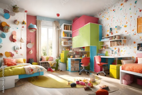 Playful children's room with vibrant colors, functional storage, and creative wall decorations