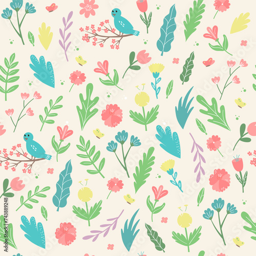 Delicate spring botanical seamless pattern. Repeat background with scattered flowers in a light vernal palette.