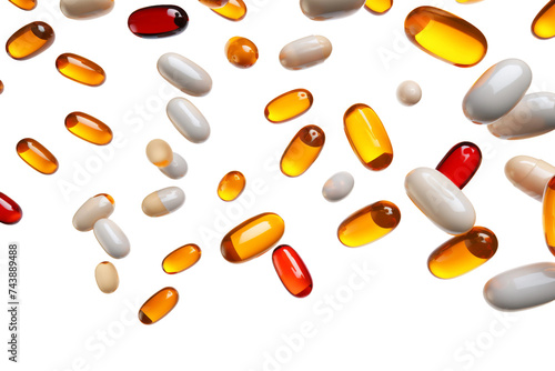 Pills Falling Into the Air. A multitude of pills is shown falling into the air, creating a chaotic and dynamic scene. On PNG Transparent Clear Background.