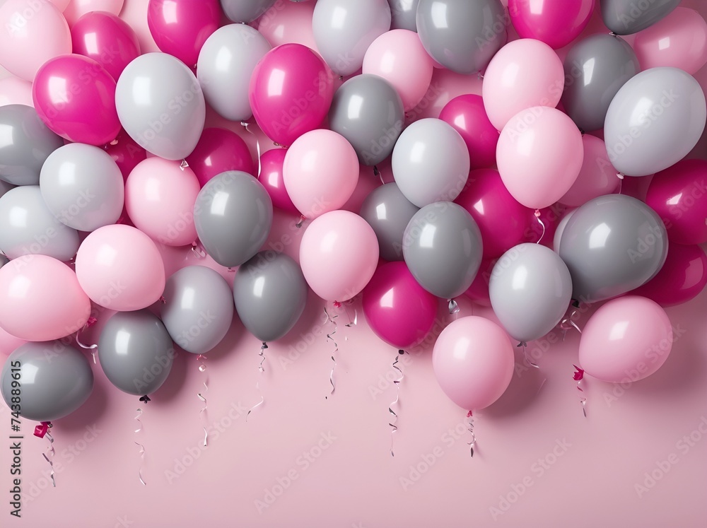 birthday background with pastel fuchsia and gray balloons
