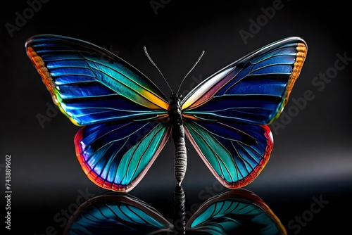 a colorful glass butterfly on a table with clear black background