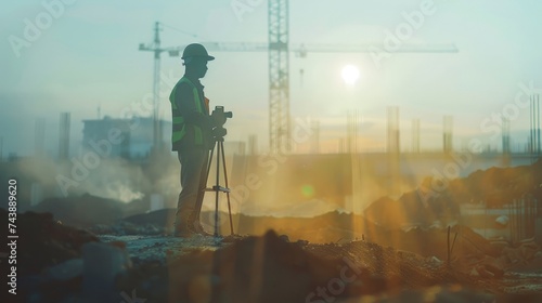 Double exposure man survey and civil engineer stand on ground working in a land building site over Blurred construction worker on construction site.