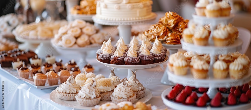 A table at a restaurant event is adorned with a wide array of cake pastries, muffins, and cupcakes, creating a visually appealing display of sweet treats.