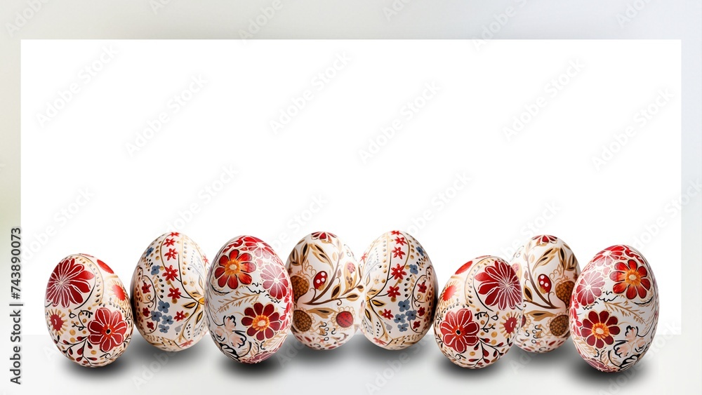 Painted Easter eggs on white background with copy space for text.