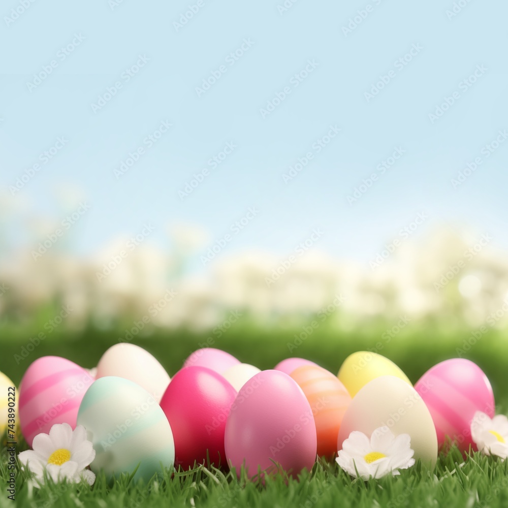 Easter eggs on green grass with flowers and space for text