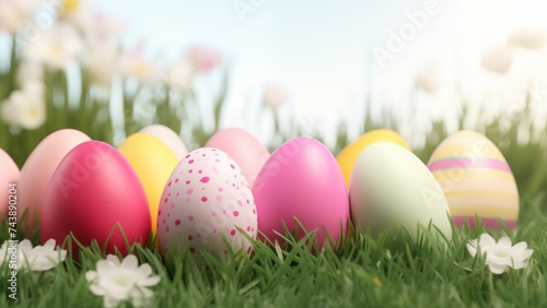 Colorful easter eggs on green grass with flowers 