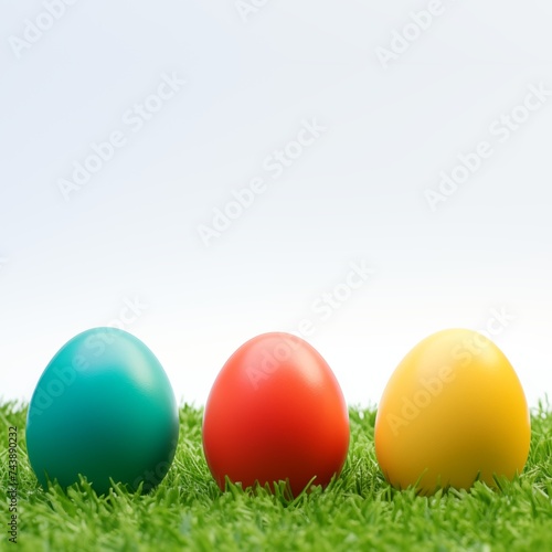 Colorful easter eggs on green grass with space for text