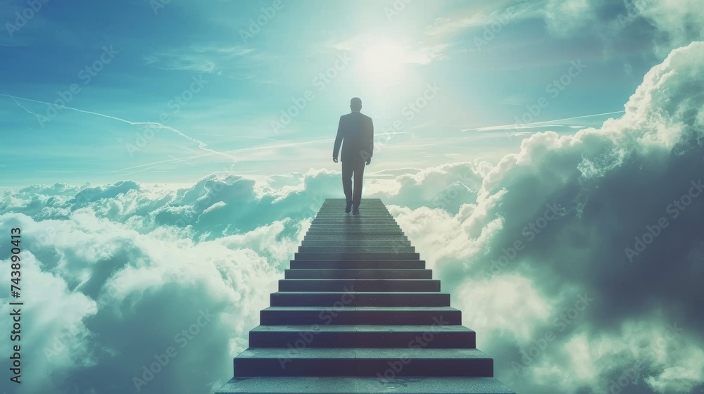 A businessman ascending a symbolic stairway of success each step representing a key business concept