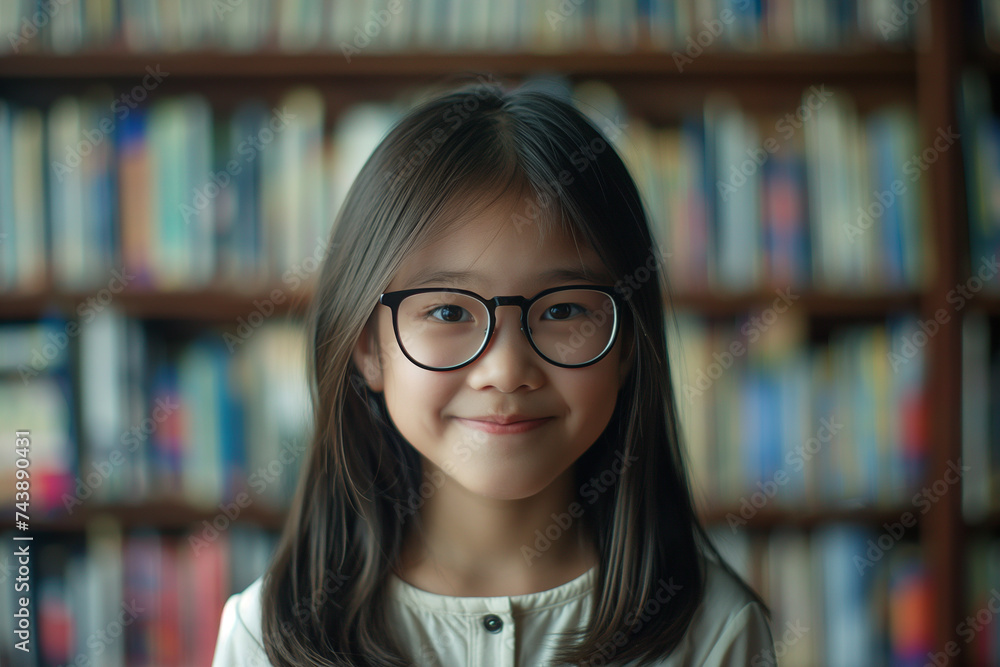 Asian girl reading book in library with students Surrounded by books, shelves and knowledge Asian girl reading book in library with students Surrounded by books, shelves and knowledge