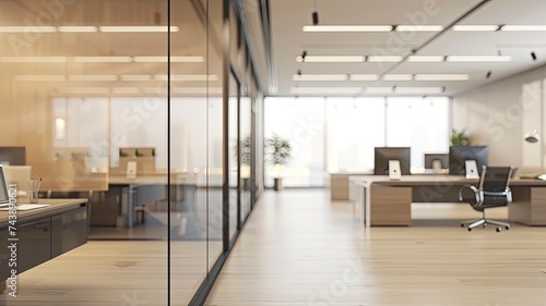 Blurred empty open space office. Abstract light bokeh at office interior background for design - generative ai