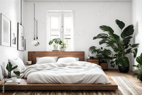 A serene bedroom with a low-profile platform bed, crisp white linens, and a single monstera plant in a corner