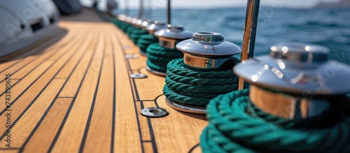 A yachts teak deck exhibits a strut with securely fastened and tightened green cargo straps. © AkuAku