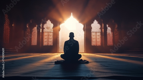 Muslim man sitting in islamic temple, praying, sun beams shining, Ramadan concept