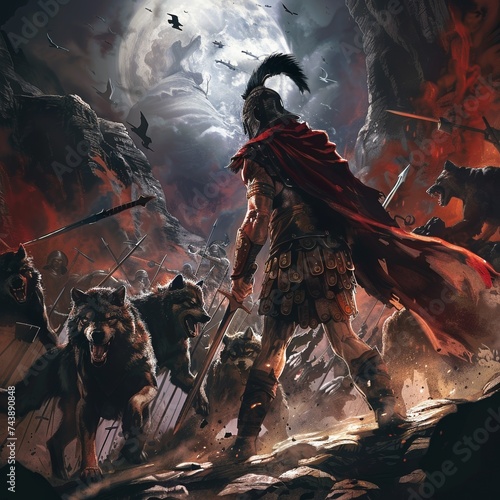 Ares leading a group of fearless warriors against a pack of ferocious werewolves