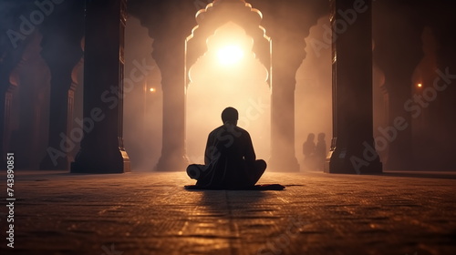 Muslim man sitting in islamic temple, praying, sun beams shining, Ramadan concept