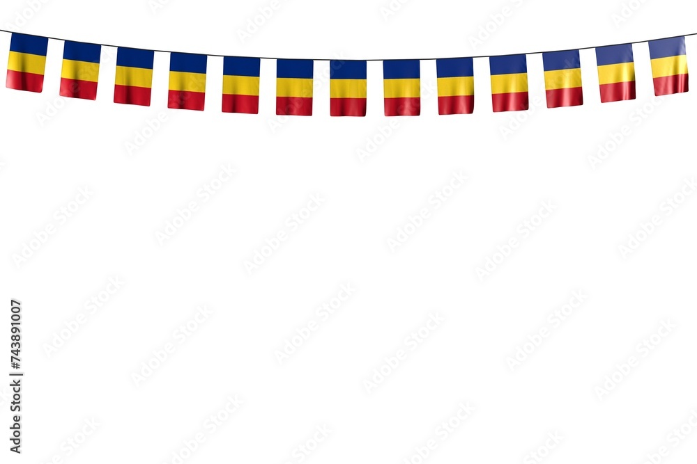 pretty many Romania flags or banners hanging on rope isolated on white - any feast flag 3d illustration.. pretty many Romania flags or banners hanging on rope isolated on white - any feast flag 3d illustration..