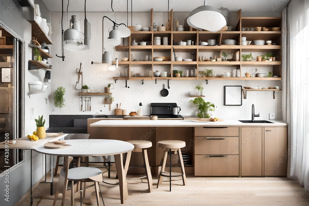 A compact, efficient kitchenette with open shelving, a small dining table, and pendant lighting