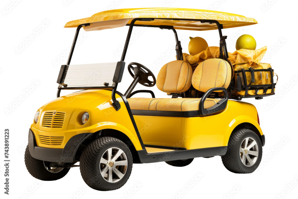 Yellow Golf Cart With Surfboard. A vibrant yellow golf cart with a surfboard securely fastened on top, ready for a day of beachside fun.