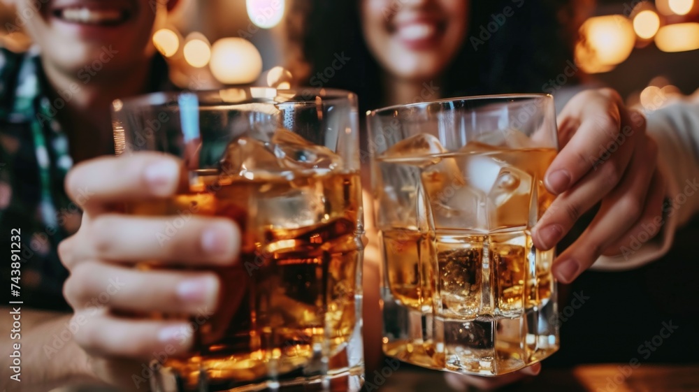 Friends Toasting With Beer Glasses in a Cozy Pub Friends Toasting With Beer Glasses in a Cozy Pub
