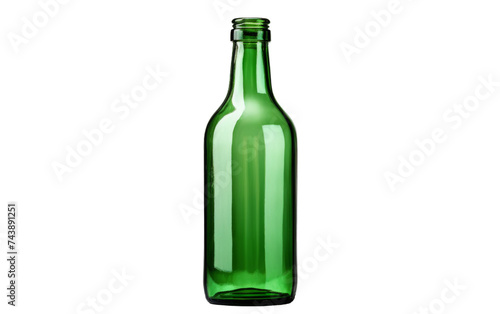 Green Glass Bottle. The bottle is standing upright, with its label facing outwards. The light reflects off the smooth surface of the bottle, creating a simple yet elegant composition.