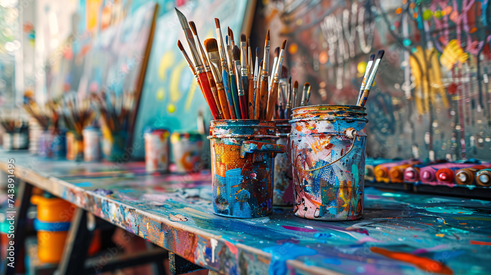 Matériel d'arts plastiques dans une classe d'école primaire ou