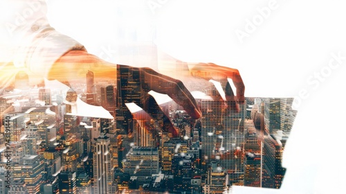 Hands using abstract keyboard on white city background. Technology concept. Double exposure