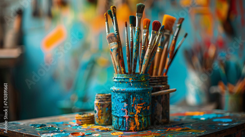 Matériel d'arts plastiques dans une classe d'école primaire, pinceaux, pots de peinture et dessin