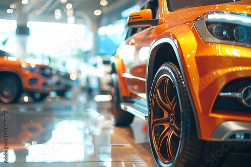 Orange SUV on Luxury Showroom Spotlight. Radiating Elegance at Prestigious Car Dealer © AgungRikhi