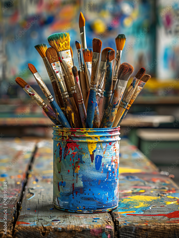 Matériel d'arts plastiques dans une classe d'école primaire, pinceaux, pots de peinture et dessin Matériel d'arts plastiques dans une classe d'école primaire, pinceaux, pots de peinture et dessin