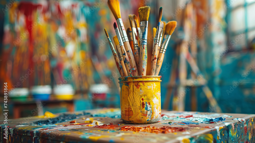 Matériel d'arts plastiques dans une classe d'école primaire, pinceaux, pots de peinture et dessin Matériel d'arts plastiques dans une classe d'école primaire, pinceaux, pots de peinture et dessin
