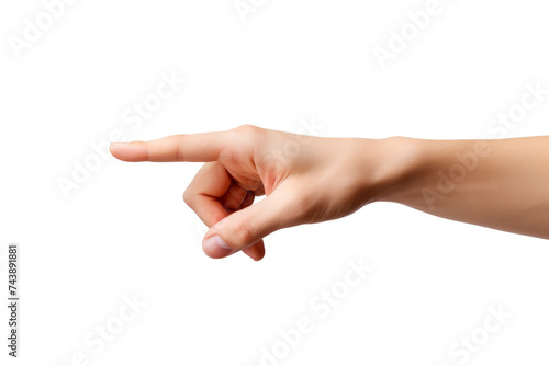 Hand Pointing at Object. A hand is seen pointing at something off screen. The index finger is extended, highlighting a specific subject or direction. On PNG Transparent Clear Background.