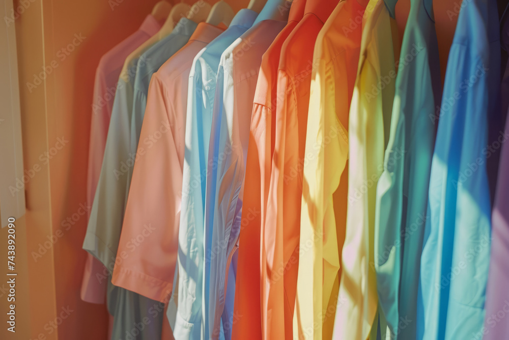 Open closet with unorganized random colorful hanging clothes. Generative AI