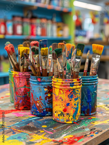 Matériel d'arts plastiques dans une classe d'école primaire, pinceaux, pots de peinture et dessin