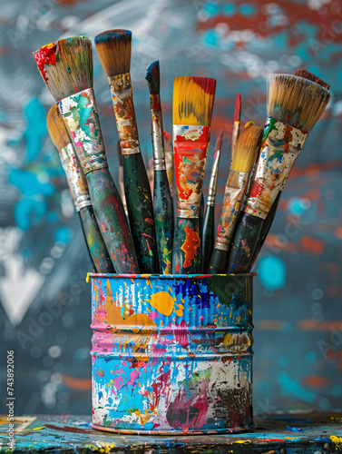 Matériel d'arts plastiques dans une classe d'école primaire, pinceaux, pots de peinture et dessin