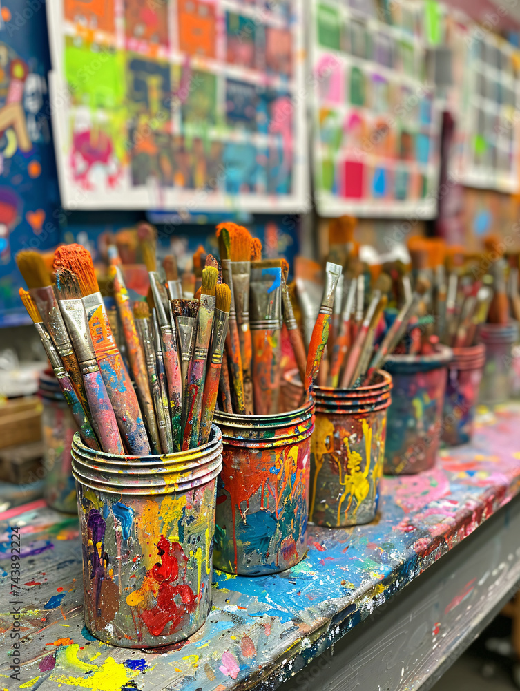 Matériel d'arts plastiques dans une classe d'école primaire, pinceaux, pots de peinture et dessin Matériel d'arts plastiques dans une classe d'école primaire, pinceaux, pots de peinture et dessin