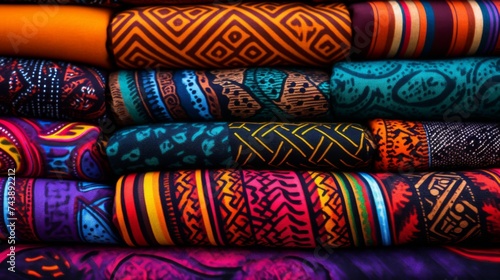 close-up shot, vibrant colors and intricate patterns of a traditional textile