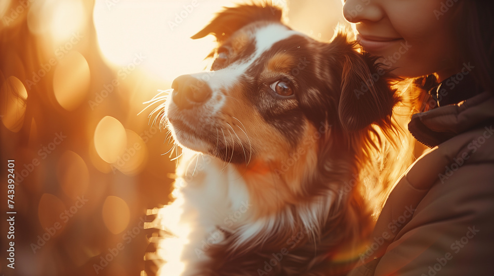 Portrait of a beautiful border collie dog in sunrise - obrazy, fototapety, plakaty 