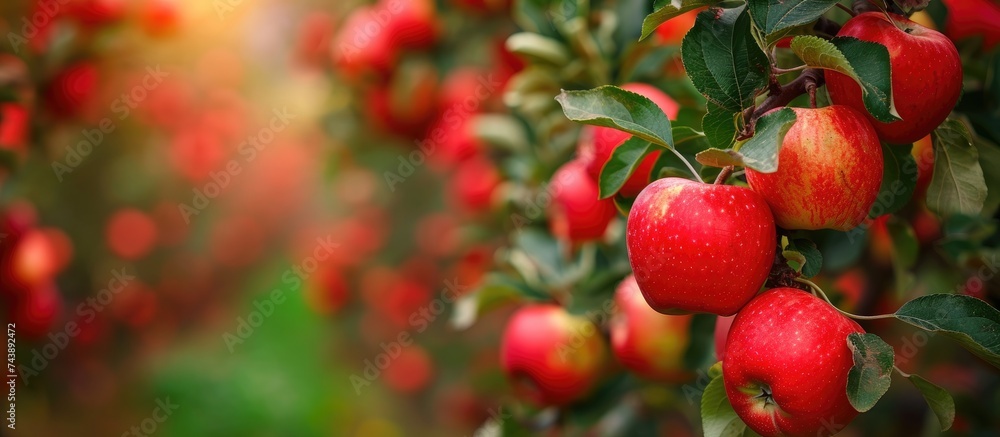 This image showcases a tree brimming with an abundance of vibrant red apples. The branches are weighed down by the sheer quantity of fruit, creating a picturesque scene ripe for harvesting.