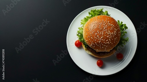Traditional classic burger served on white plate over black background. Meat hamburger flat lay. Beef hamburger. Organic hamburger. Junk food, fast food concept.