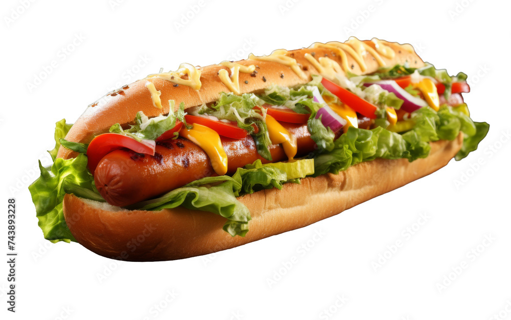 A Delicious Hot Dog Loaded With Toppings on a Bun. A freshly grilled hot dog nestled in a soft bun, generously topped with mustard, ketchup, relish, onions, sauerkraut, pickles, and crispy bacon. A Delicious Hot Dog Loaded With Toppings on a Bun. A freshly grilled hot dog nestled in a soft bun, generously topped with mustard, ketchup, relish, onions, sauerkraut, pickles, and crispy bacon.